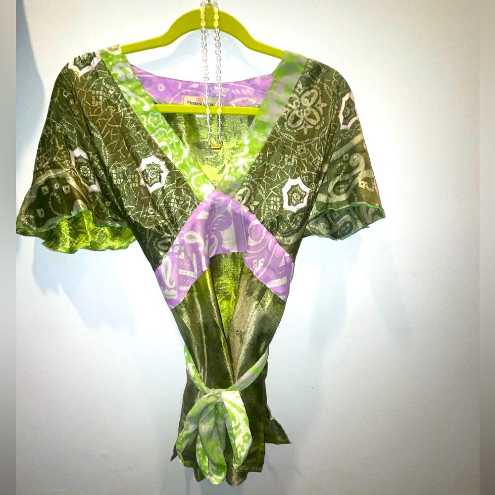 Floating Lotus Bohemian Wrap Pullover Top w/Waist Tie 100% Silk  Size 11 RARE